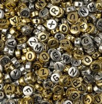 72 grams of 7mm Silver and Gold with Black Lettering Plastic Alphabet Disk Beads