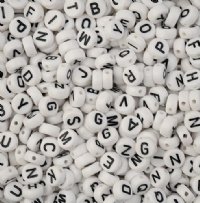 72 grams of 7mm White with Black Lettering Plastic Alphabet Disk Beads